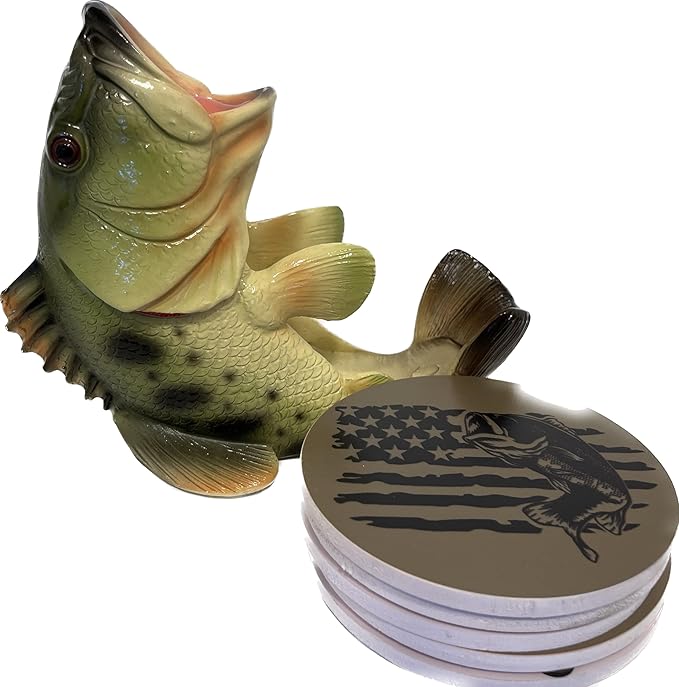 Pine Ridge Fishing Coasters for Drinks with Holder - American Flag Bass Coaster Dining Room Set - Rustic Decor Living Room Coasters for Drinks Absorbent with Holder Set of 5 - Bar Coasters for Drinks