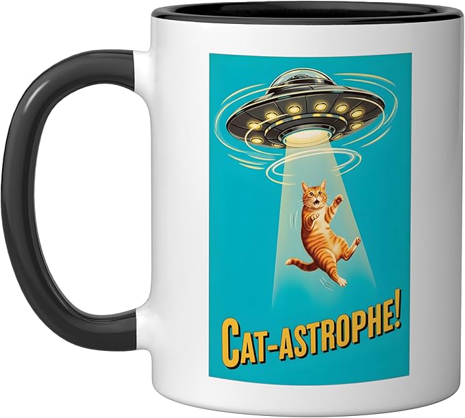 Cat-astrophe! - UFO Flying Saucer Retro Vintage Movie Poster Ceramic Mug, Black/White