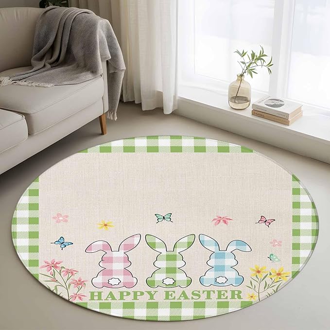 Washable Round Area Rug Happy Easter Bunny Shadow Flowers Circle Rugs Floor Carpet for Living Room Bedroom, Retro Linen Cotton and Grid Soft Non Slip Round Rug 4ft