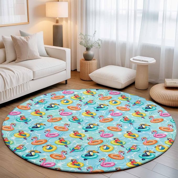 Washable Round Area Rug Summer Pool Float Swim Rings Circle Rugs Floor Carpet for Living Room Bedroom, Tropical Flamingo Birds Soft Non Slip Round Rug 5ft