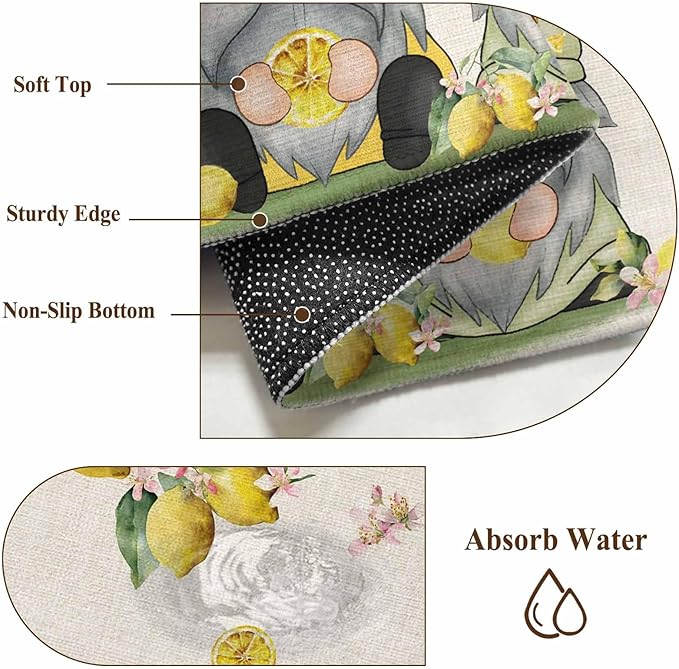 Washable Round Area Rug Summer Gnome with Lemon Circle Rugs Floor Carpet for Living Room Bedroom, Farmhouse Dwarf Fruit on Linen Soft Non Slip Round Rug 3ft