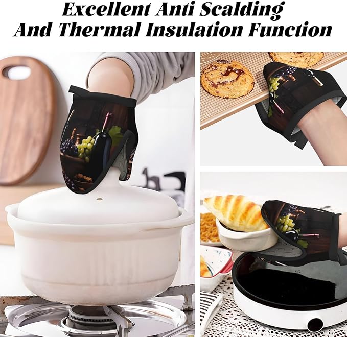 1 Pcs Mini Silicone Oven Mitts Glasses Wine Grapes Heat Resistant Grill Gloves with Hanging Loop, Fresh Fruit Leaf Little Kitchen Mittens for Cooking Baking BBQ