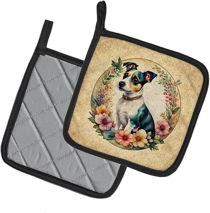 Caroline's Treasures Jack Russell Terrier and Flowers Pair of Pot Holders Kitchen Heat Resistant Pot Holders Sets Oven Hot Pads for Cooking Baking BBQ, 7 1/2 x 7 1/2