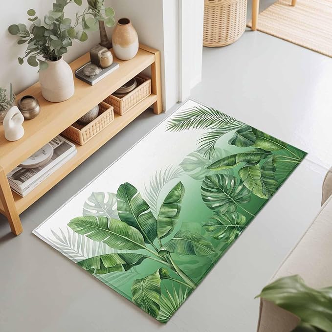 Area Rug 2x3ft, Botanical Rainforest Plants Washable Rugs for Living Room Bedroom, Watercolor Tropical Banana Leaves Soft Non-Slip Area Rugs Rectangle Floor Carpet for Dining Room
