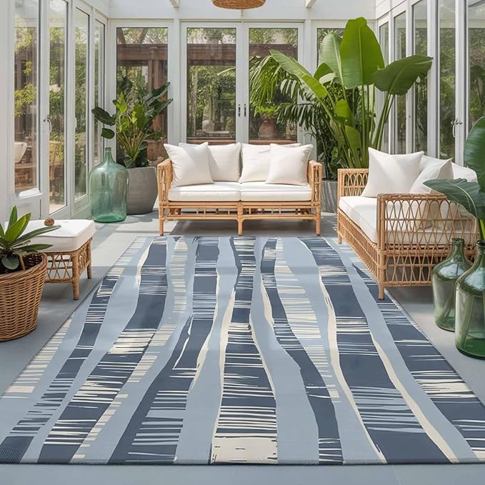 Area Rug 3x5ft, Navy Blue Ocean Waves Coastal Horizon Washable Rugs for Living Room Bedroom, Abstract Art Soft Non-Slip Area Rugs Rectangle Floor Carpet for Dining Room