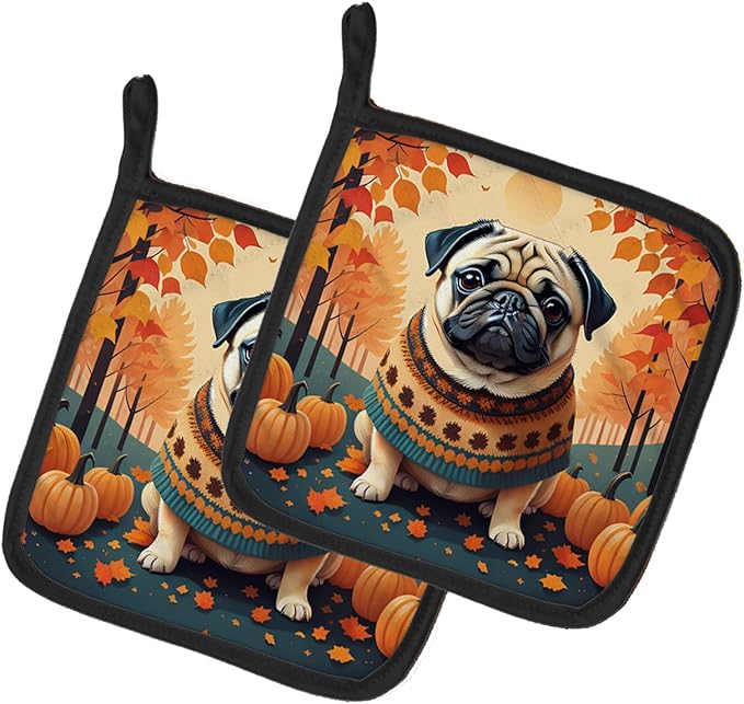 Caroline's Treasures DAC1065PTHD Fawn Pug Fall Pair of Pot Holders Kitchen Heat Resistant Pot Holders Sets Oven Hot Pads for Cooking Baking BBQ, 7 1/2 x 7 1/2