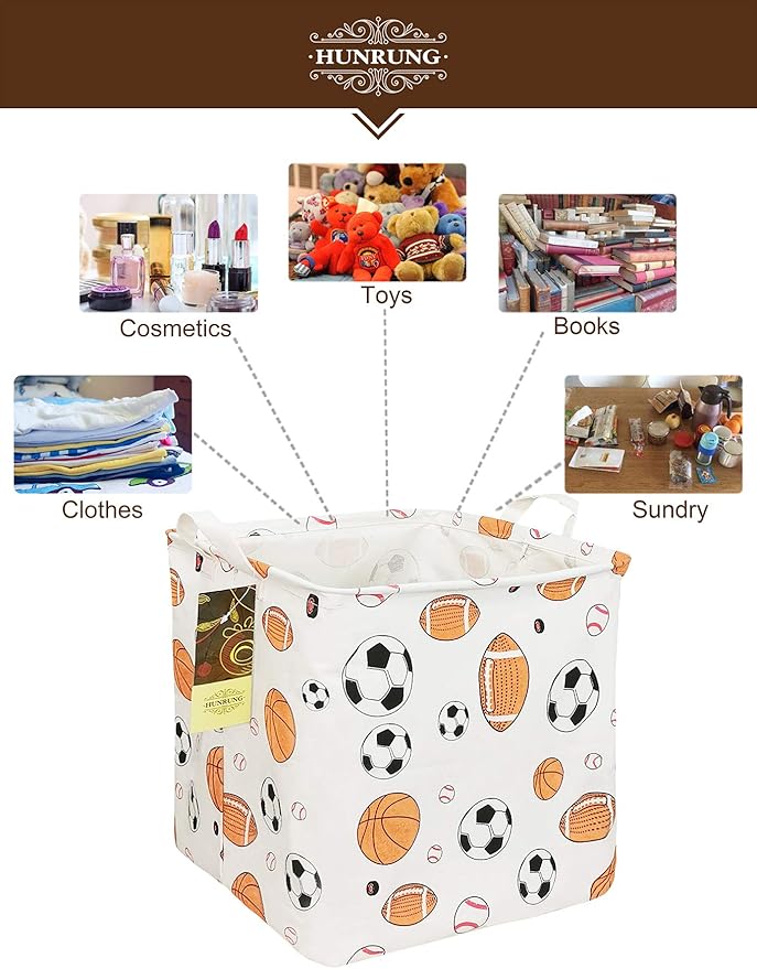 HUNRUNG Square Storage Bins Nursery Hamper Canvas Laundry Basket Foldable with Waterproof Nursery Boxes for Shelves/Gift Baskets/Toy Organizer/Office, Bedroom (Square-ball game)