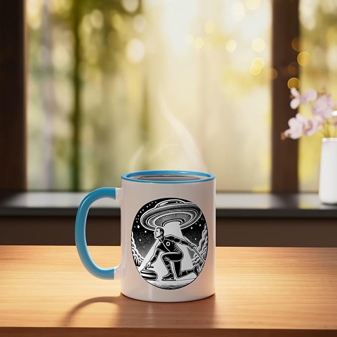 Curling Curl Curler Sport Men Guys Male Ice Outer Space Ceramic Mug, Blue/White