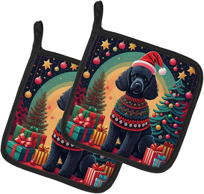 Caroline's Treasures Black Poodle Christmas Pair of Pot Holders Kitchen Heat Resistant Pot Holders Sets Oven Hot Pads for Cooking Baking BBQ, 7 1/2 x 7 1/2