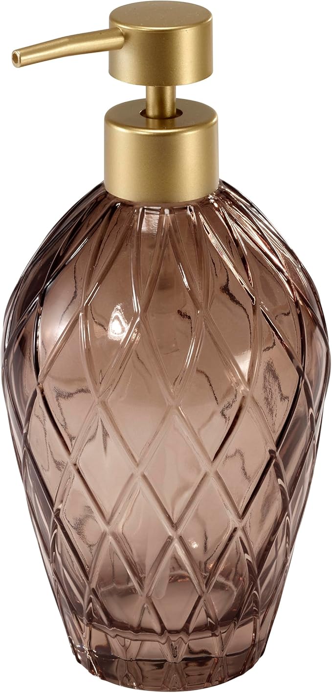 Nicole Miller – Bathroom Accessory Set, Embossed Glass with Diamond Trellis Design & Scalloped Edge, Decorative Lotion Pump, Soap Dish, Toothbrush Holder & Tumbler (Bijou Brown)