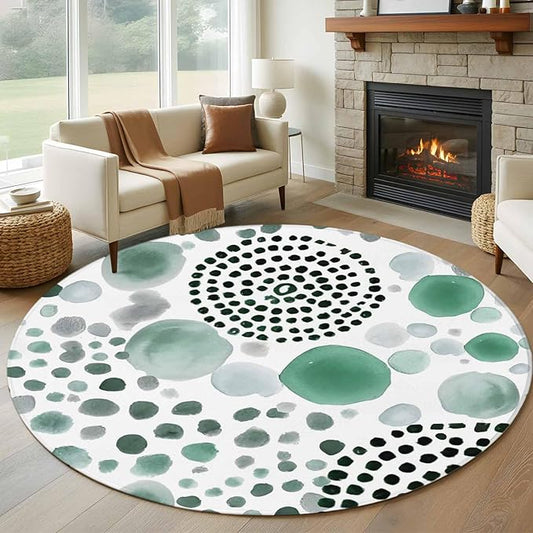 Washable Round Area Rug Abstract Teal Circles Circle Rugs Floor Carpet for Living Room Bedroom, Sage Green Geometric Round Soft Non Slip Round Rug 5ft