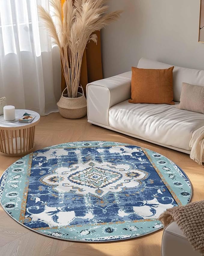 Round Area Rug,Abstract Flower Ethnic Tribal Style Circle Living Room Rug Non-Slip Rugs Indoor Carpet,Retro Blue Floral Soft Comfort Rugs for Bedroom KidsRoom Nursery