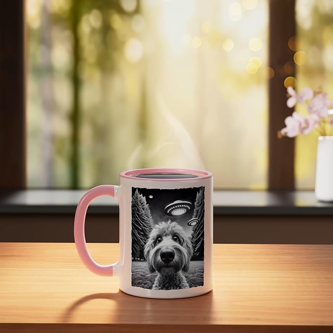Funny Golden Doodle Selfie UFO Encounters for Dog Lovers Ceramic Mug, Pink/White