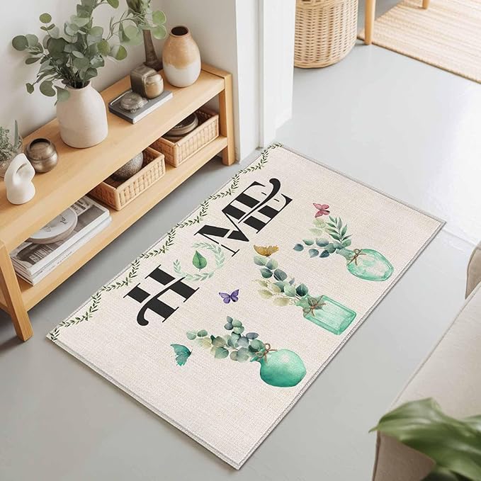 Area Rug 2x3ft, Rustic Home Text Eucalyptus Leaf Washable Rugs for Living Room Bedroom, Farmhouse Butterfly Retro Linen Soft Non-Slip Area Rugs Rectangle Floor Carpet for Dining Room