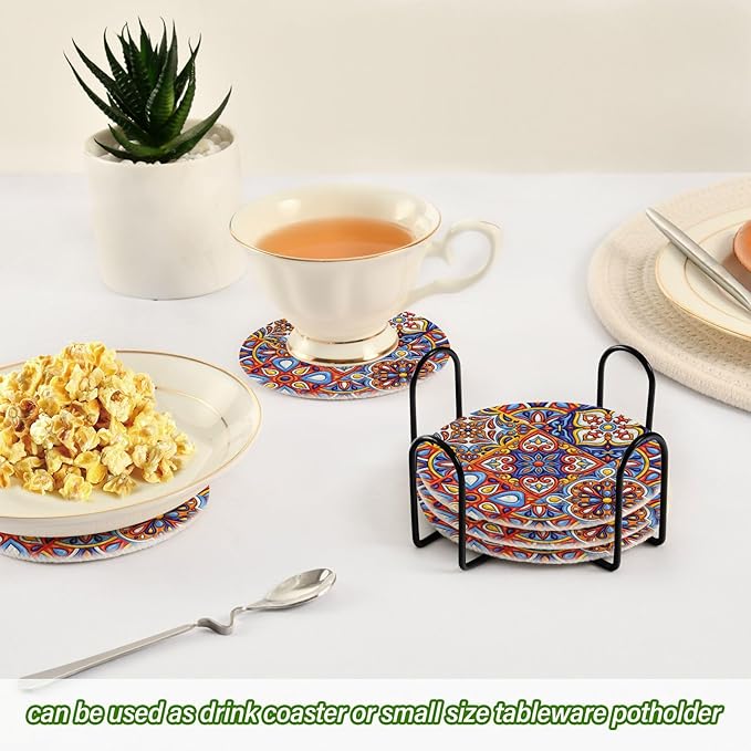 YETTASBIN Mexican Talavera 6 Pcs Drink Coasters with Holder, Cotton Woven Absorbent Heat-Resistant Round Coaster Non-Slip Table Mat for Kitchen Bar Home Decor Housewarming Gift, 3.9 in