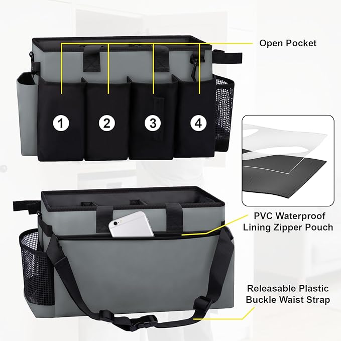 Wearable Large Cleaning Caddy Bag for Housekeeper, Clean Supply Organizer with Adjustable Shoulder, Waist & Handle Straps, Detailing Bag for Kitchen Supplies (Black&Gray)