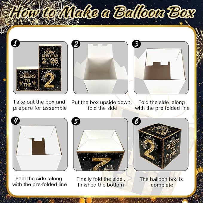 2026 New Years Decorations Black and Gold New Years Eve Balloons 2026 Banner Backdrop,Photo Booth Props,4pcs Cards Boxes Kit for 2026 Eve Party Supplies in Indoor or Outdoor