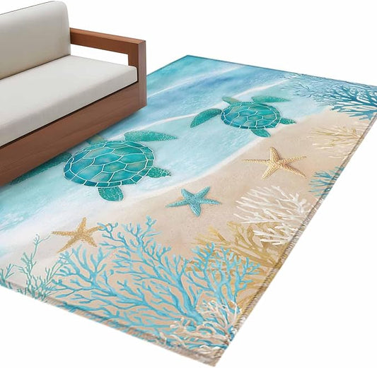 Area Rug 3x5ft, Sea Turtle Starfish Coral Washable Rugs for Living Room Bedroom, Summer Seaside Ocean Life Soft Non-Slip Area Rugs Rectangle Floor Carpet for Dining Room