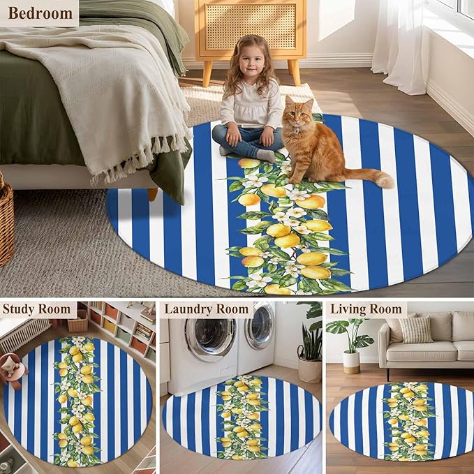Washable Round Area Rug Summer Lemon Green Leaves Watercolor Circle Rugs Floor Carpet for Living Room Bedroom, Blue Stripe Soft Non Slip Round Rug 3ft