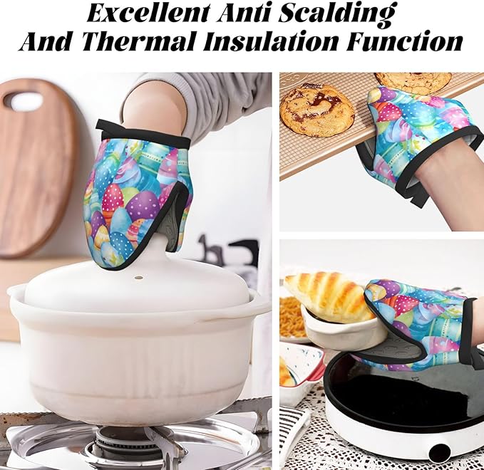 1 Pcs Mini Silicone Oven Mitts Cartoon Easter Eggs Heat Resistant Grill Gloves with Hanging Loop, Vintage Little Kitchen Mittens for Cooking Baking BBQ