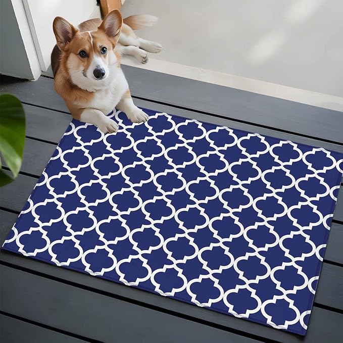 Area Rug 2x3ft, Navy Blue Moroccan Plaid Washable Rugs for Living Room Bedroom, White Line Buffalo Lattice Soft Non-Slip Area Rugs Rectangle Floor Carpet for Dining Room