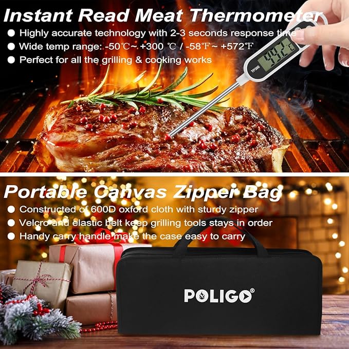 POLIGO 29 PCS BBQ Grill Accessories Stainless Steel BBQ Tools Grilling Tools Set with Storage Bag for Fathers Day Dads Birthday Presents - Camping Grill Utensils Set Ideal Grilling Gifts for Men Black