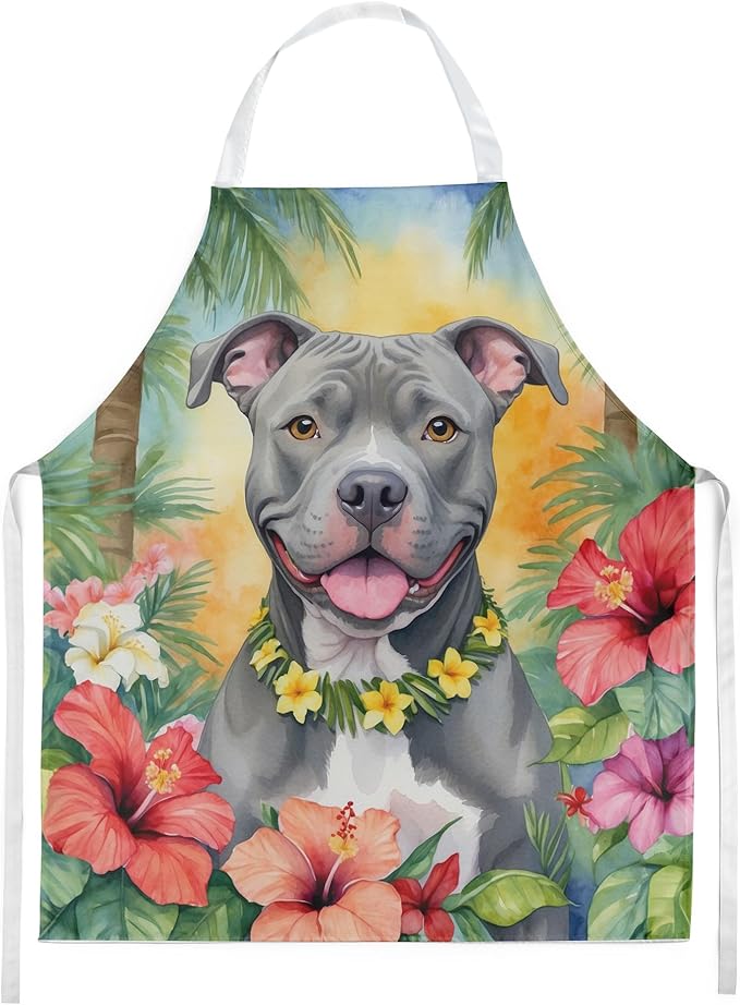 Caroline's Treasures Pit Bull Terrier Luau Apron Cooking Kitchen Server Baking Crafts Gardening for Adult Women Men, Unisex, Large, Multicolor