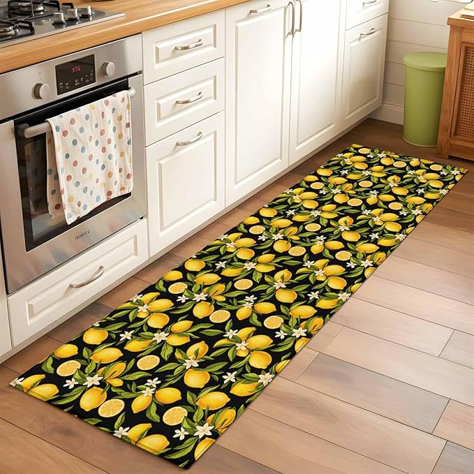 Runner Rug for Bedroom Hallway, Summer Lemon Flower Kitchen Runner Rugs Area Rug 2x6ft, Plant on Black Washable Soft Floor Carpet for Entryway Stair