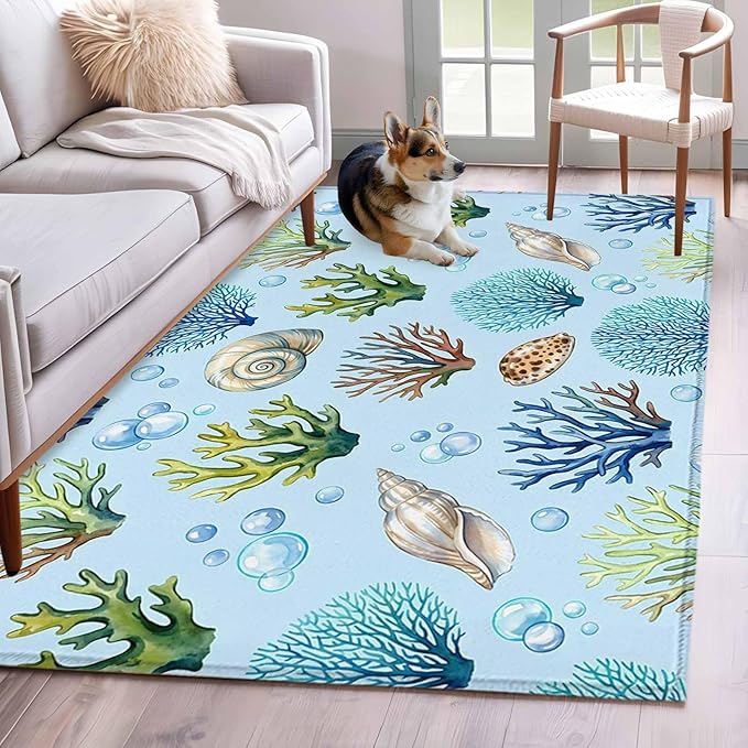 Area Rug 4x6ft, Coastal Shell Coral Bubble Washable Rugs for Living Room Bedroom, Nautical Ocean Blue Underwater Scene Soft Non-Slip Area Rugs Rectangle Floor Carpet for Dining Room