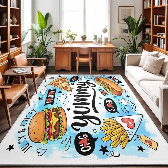 Area Rug 4x6ft, Cartoon Food Abstract Graffiti Washable Rugs for Living Room Bedroom, Blue Sky with Clouds Soft Non-Slip Area Rugs Rectangle Floor Carpet for Dining Room