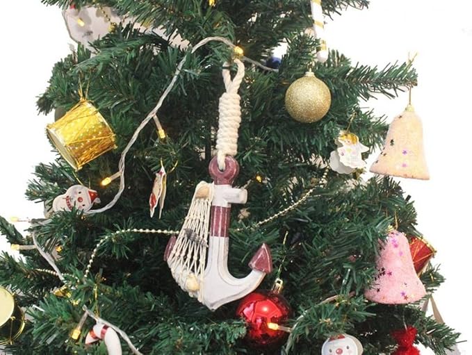 Hampton Nautical Anchor-302-XMASS Wooden Rustic Decorative Red & White Anchor Christmas Tree Ornament - Nautical Tree Decoration