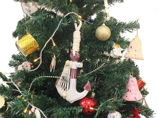 Hampton Nautical Anchor-302-XMASS Wooden Rustic Decorative Red & White Anchor Christmas Tree Ornament - Nautical Tree Decoration
