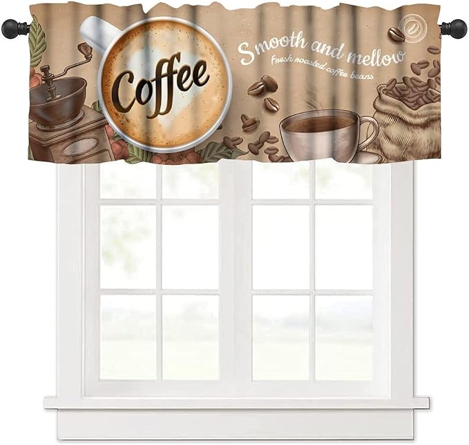 Vintage Coffee Valance, Fresh Roasted Coffee Beans Farmhouse Short Window Treatment for Cafe Kitchen Dining Room Resturant Bedroom Living Room, 54x18Inch