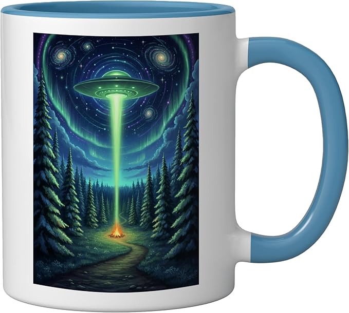 UFO in Forest Campfire Nature Camping Flying Saucer UAP Ceramic Mug, Blue/White