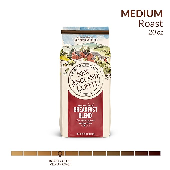 New England Coffee Breakfast Blend Medium Roast Ground Coffee, 20oz Bag (Pack of 1)