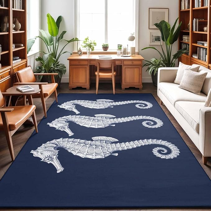 Area Rug 4x6ft, Ocean Life Seahorse Navy Blue Washable Rugs for Living Room Bedroom, Summer Nautical Theme Soft Non-Slip Area Rugs Rectangle Floor Carpet for Dining Room
