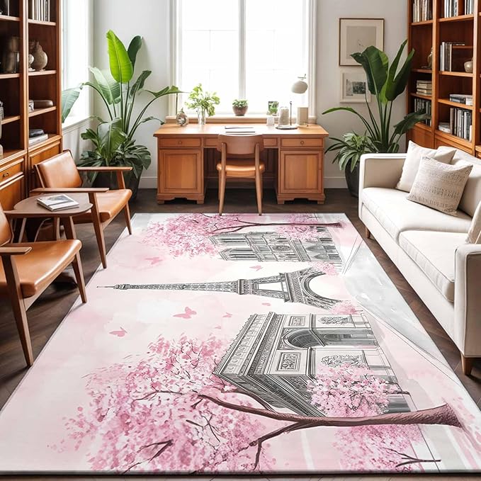 Area Rug 8x10ft, Modern Pink Flower Paris Landmarks Washable Rugs for Living Room Bedroom, Towel Architecture Soft Non-Slip Area Rugs Rectangle Floor Carpet for Dining Room