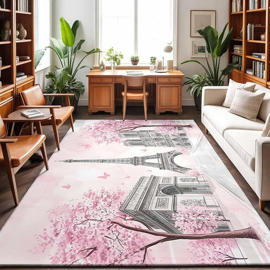 Area Rug 3x5ft, Modern Pink Flower Paris Landmarks Washable Rugs for Living Room Bedroom, Towel Architecture Soft Non-Slip Area Rugs Rectangle Floor Carpet for Dining Room