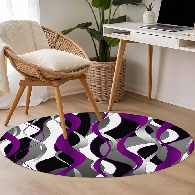 Washable Round Area Rug Abstract Purple Gray Black White Stripes Circle Rugs Floor Carpet for Living Room Bedroom, Modern Lines Soft Non Slip Round Rug 4ft