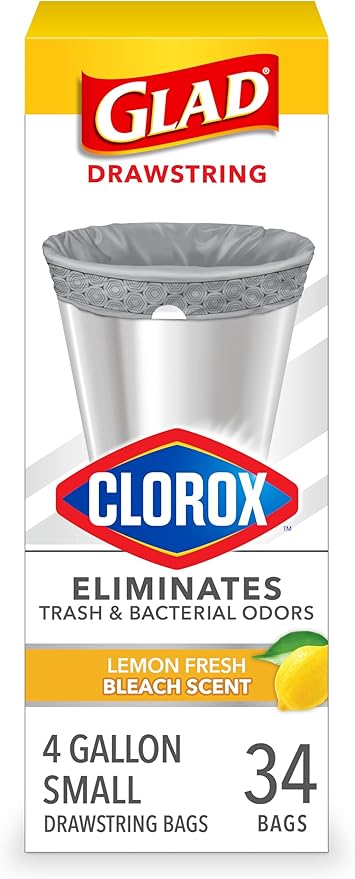 Glad Small Drawstring Trash Bags with Clorox, 4 Gal, Lemon Fresh Bleach, 34 Ct (Package May Vary) (Pack of 6)
