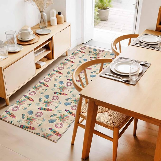 Runner Rug for Bedroom Hallway, Summer Surfboard Coconut Tree Kitchen Runner Rugs Area Rug 2x6ft, Coastal Vintage Plants Washable Soft Floor Carpet for Entryway Stair