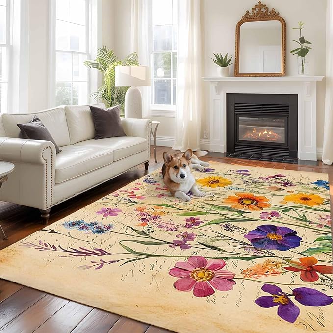 Area Rug 6x9ft, Farmhouse Colorful Small Flower Washable Rugs for Living Room Bedroom, Retro Backdrop Seamless Soft Non-Slip Area Rugs Rectangle Floor Carpet for Dining Room