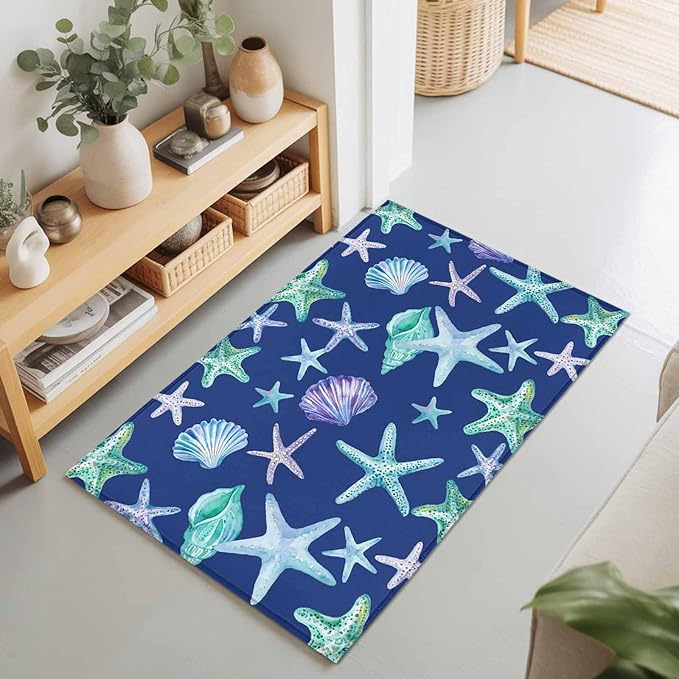 Area Rug 2x3ft, Summer Starfish Shell Conch Washable Rugs for Living Room Bedroom, Marine Creature on Blue Soft Non-Slip Area Rugs Rectangle Floor Carpet for Dining Room