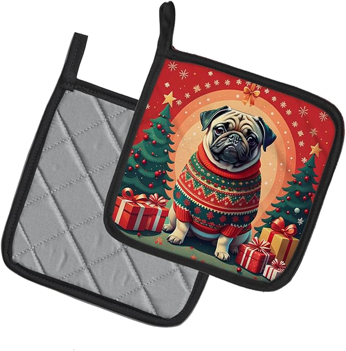 Caroline's Treasures Fawn Pug Christmas Pair of Pot Holders Kitchen Heat Resistant Pot Holders Sets Oven Hot Pads for Cooking Baking BBQ, 7 1/2 x 7 1/2