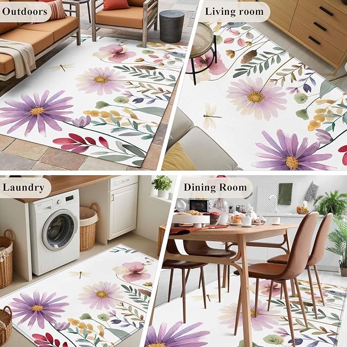 Area Rug 4x6ft, Country Field Purple Flowers Washable Rugs for Living Room Bedroom, Farm Floral Art Soft Non-Slip Area Rugs Rectangle Floor Carpet for Dining Room