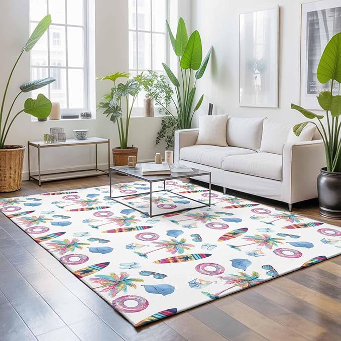 Area Rug 8x10ft, Summer Surfboard Coconut Tree Washable Rugs for Living Room Bedroom, Tropical Seamless Pattern Soft Non-Slip Area Rugs Rectangle Floor Carpet for Dining Room