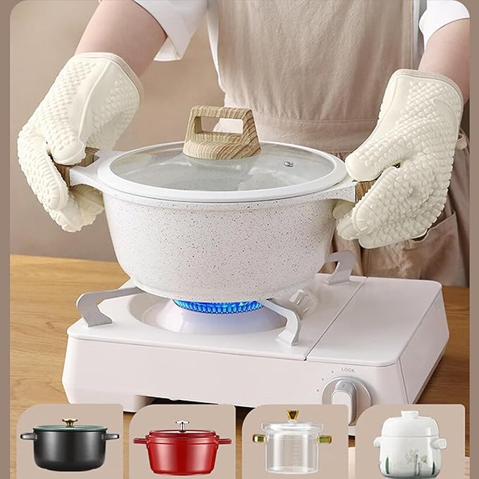Silicone Oven Mitts with Fingers 2 Pack, Heat Resistant Kitchen Oven Gloves, Non‑Slip Waterproof Green Cooking Gloves with Cotton Lining for Baking, Grilling, BBQ