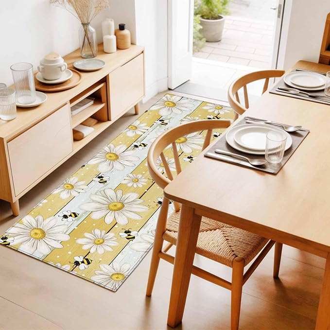 Runner Rug for Bedroom Hallway, Summer Rustic Daisy Flower Bee Kitchen Runner Rugs Area Rug 2x6ft, Blossom Floral Yellow Wooden Washable Soft Floor Carpet for Entryway Stair