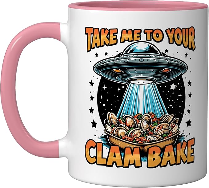 Take Me to Your Clam Bake East Coast Cuisine Funny Clam Bake Ceramic Mug, Pink/White