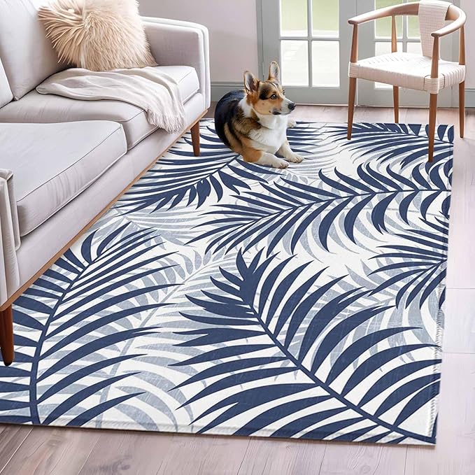 Area Rug 4x6ft, Abstract Navy Blue Palms Leaves Washable Rugs for Living Room Bedroom, Summer Botantical Soft Non-Slip Area Rugs Rectangle Floor Carpet for Dining Room